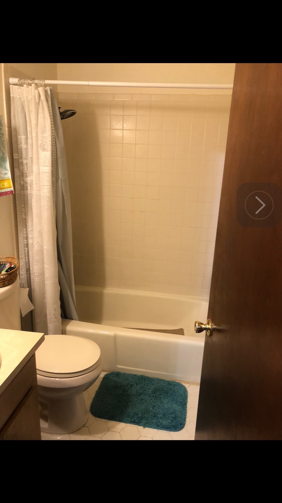 Bathroom before remodel with dated tub and tile